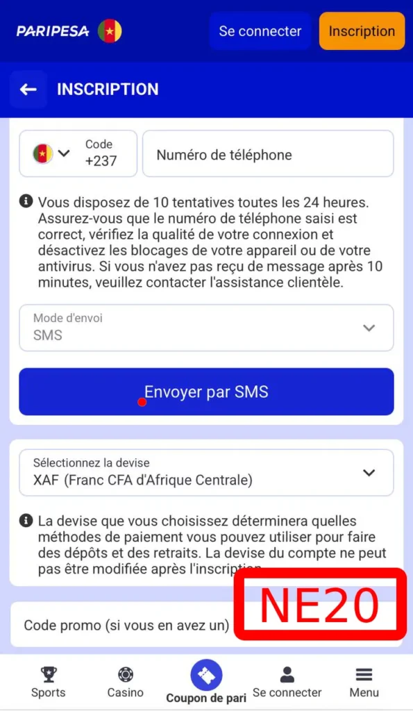 Capture d'écran de la page d'Incription sur l'application Paripesa avec le code promo paripesa : NE20